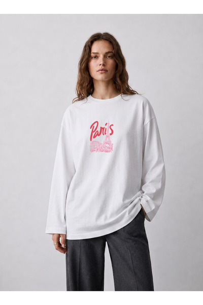 Grafftee Clothing تي شيرت أبيض كبير الحجم بأكمام طويلة مصنوع من القطن بنسبة 1...