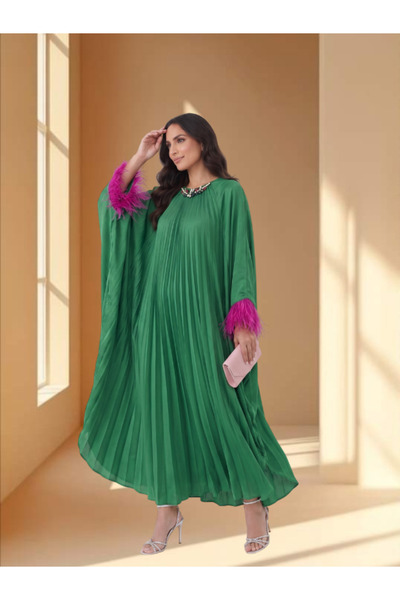 FNM Women's Pleated Kaftan Dress - Embellished Neckline & Contrast Feather Cuffs