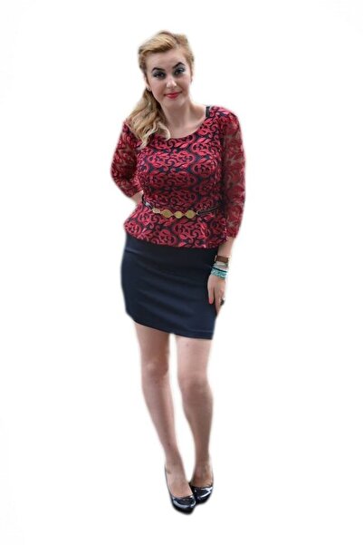 OEM Rochie de seara , bleumarin cu dantela rosie, peplum in talie