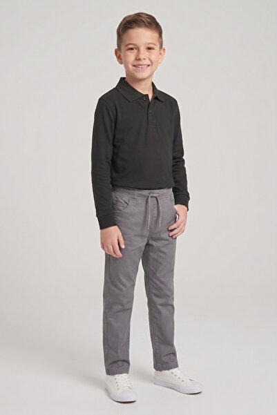 nacar çarşı Boys' Black Long Sleeve Polo Collar T-Shirt Gray Ribbed Waist Can...