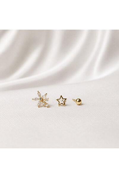 Yonida Jewelry Çelik Küpe 14K Altın Renginde Lak Kaplama Kristal Taşlı Çiçek,...