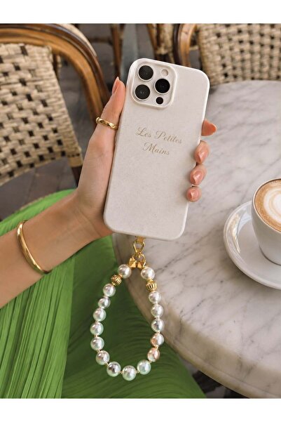Les Petites Mains Beyaz İnci Boncuklu Telefon Charmı Gold Detaylı