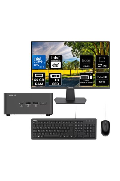ASUS NUC 15 Pro Tall Intel Core 3-100U 64GB RAM 1TB SSD 27" Full HD Monitör FreeDOS RNUC15CRHI300002P733 Mini Masaüstü Bilgisayar + PER4 USB BELLEK