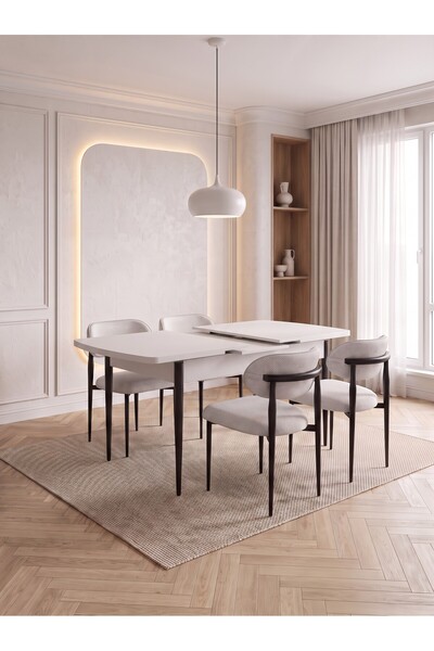 Concept Ayz Home Bella Serisi 4 Kişilik Krem Kumaş 80*130 Beyaz Masa Sandalye...