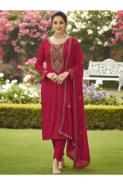 MYSMAR Red Faux Georgette Gown Set - FFT6983 | Red-Size:M-38-Inches