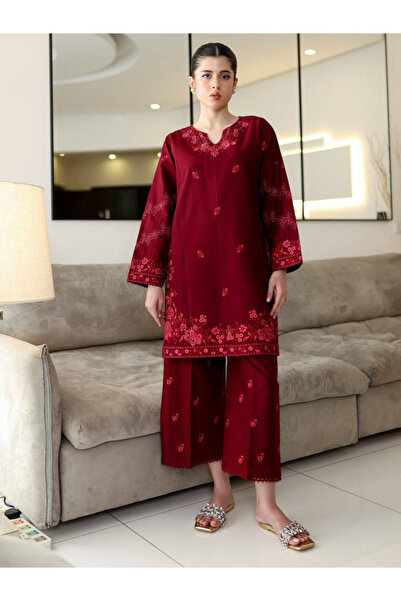 MYSMAR Maroon Rayon Cotton Embroidered Palazzo Suit Set - FFT5865 | Maroon-Si...