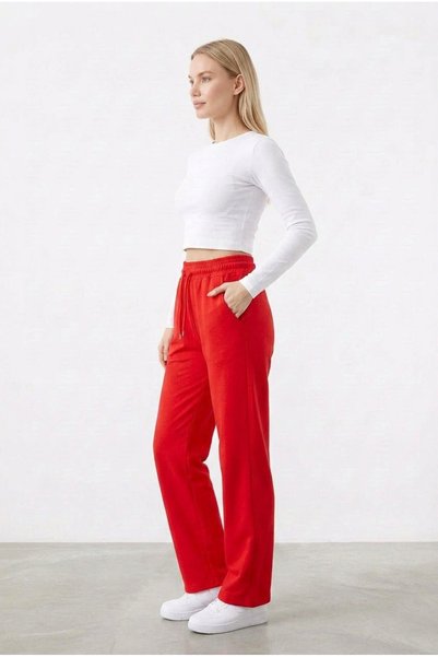 ELAFRO Women's Red Combed Cotton Palazzo Wide-Leg Elastic Waist Lace-Up Comfortable Fit Sweatpants