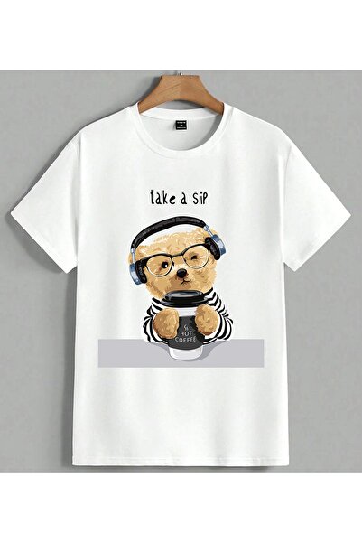 ELFERA Take a Sip Teddy Coffee Printed Unisex Oversize T-Shirt White