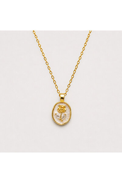 Yonida Jewelry Çelik Kolye 14K Altın Renginde Beyaz Üstüne Çiçek Motif Madaly...