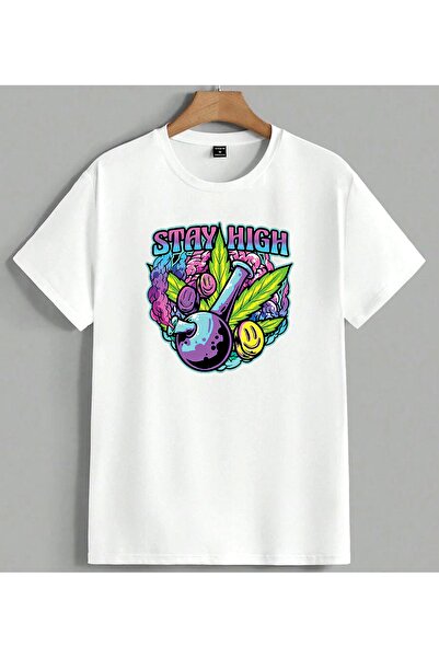 ELFERA Μπλουζάκι Unisex Oversize με στάμπα Stay High Cannabis, Λευκό