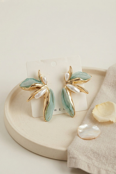 evimdeyokyok Ice Blue Color Lotus Leaf Model Women's Earrings Tj-Bkp11994