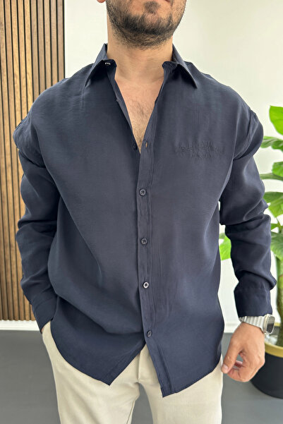 Edwox Men's Relaxed Fit Shirt with Embroidery Detail Navy Blue Edw495