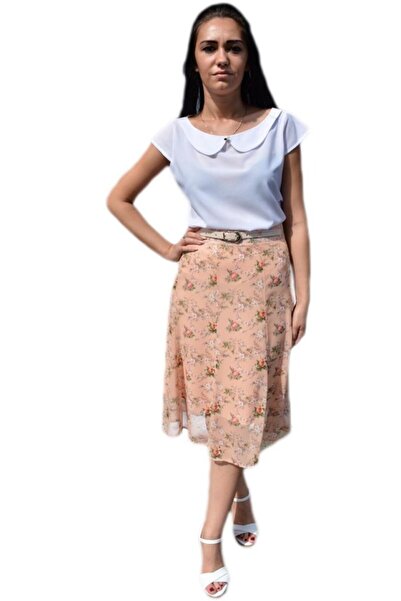 OEM Fusta lejere, midi, nuanta de piersica, cu imprimeu floral multicolor