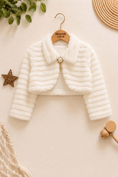 dinamik çocuk Baby Girl Ecru Plush Bolero Long Sleeve Special Occasion Jacket...