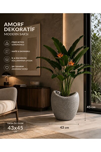 Genel Markalar SOLİS HOME Premium Dekoratif Fiberglas Saksı 45 cm Beton Görün...
