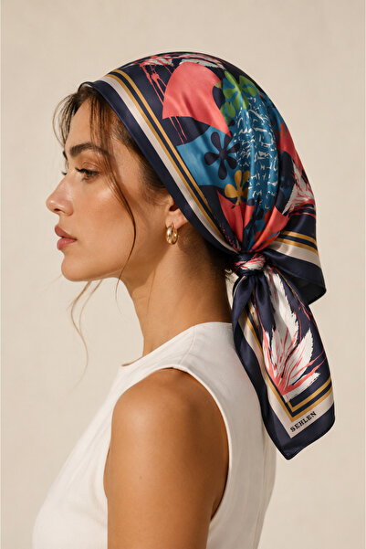 Sehlen Kadın Soyut Çiçek Desenli Saten Fular Bandana 56x56 cm - Füme
