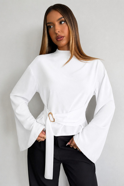 ecemore Half Turtleneck Draped Belt Buckle Wide Sleeve Blouse