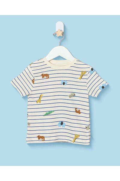 REDTAG Infant Boys Cream Striped Animal Print T-Shirt
