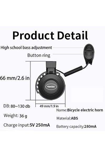 tur bike bisiklet kornası, elektronik bisiklet zili, 80 ~ 130 dB, su geçirmez, üç ses modu, şarj edilebilir