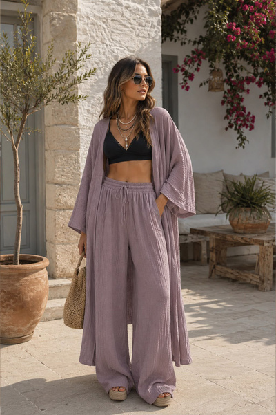 FH Living Gofre Kimono Palazzo Pantolon Takımı
