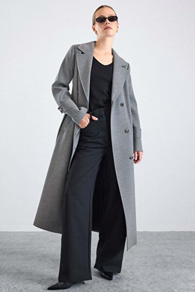 Olcay Metal Buttoned Double-Breasted Long Coat Gray 3167