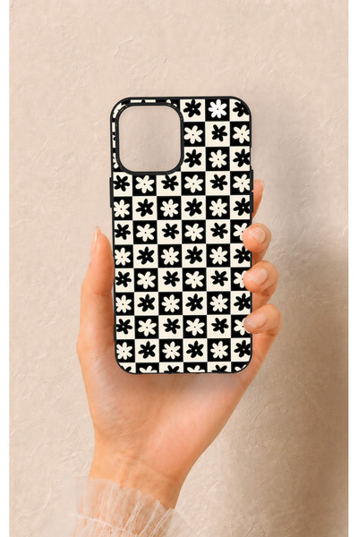 Vip Case iPhone 12 Pro Max Uyumlu Çiçek Motifli Dama Desenli Silikon Kılıf
