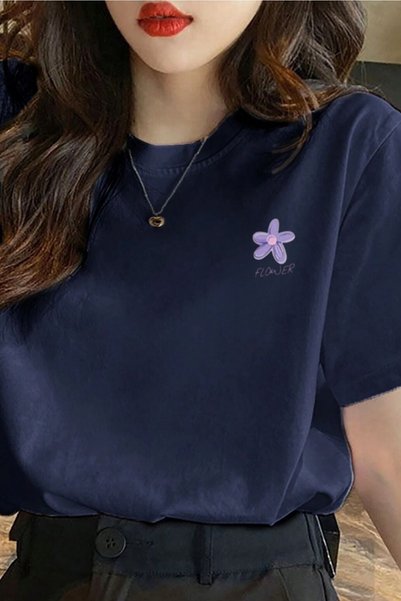 WESTİMO Women's Navy Blue Flower Printed Oversize T-Shirt