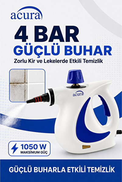 Acura AC-110 Buharlı Temizleyici – 4 Bar, 1050 W, 9 Parça Aksesuar ve Mikrofiber Bez Dahil
