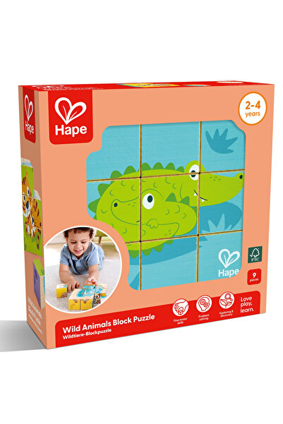 Hape Puzzle din lemn cu cuburi, Hape, Animale salbatice, 9 piese