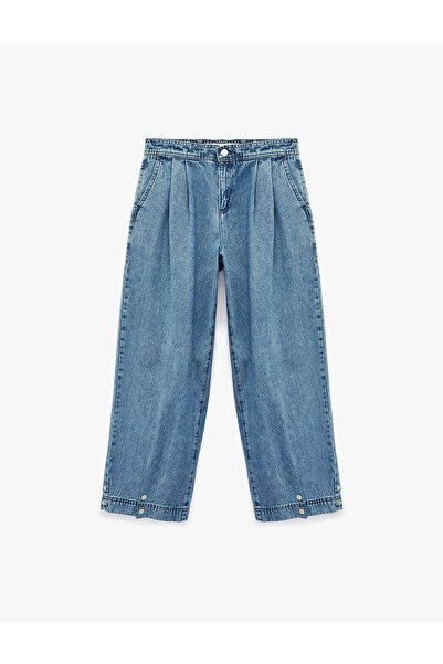 Koton Cotton Loose Fit Pleated Button Detailed Low Waist Denim Trousers