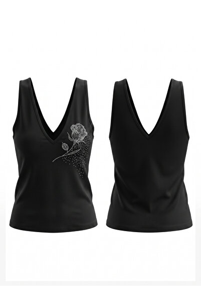 GÜL DESENLİ, Taşlı Tank Top T-shirt , %95 Pamuk, Kadın, Slim , V Yaka, Rhinestone Tasarım
