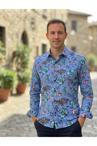 Chordi Men's Regular Long Sleeve Rose Patterned Cotton Shirt