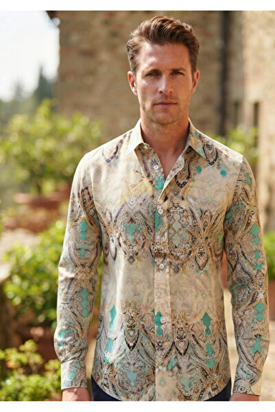 Chordi Long Sleeve Shawl Patterned Regular Fit Cotton Viscose Men's Shirt