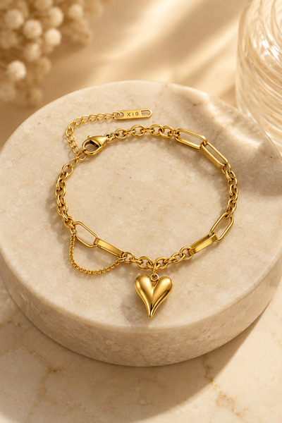 ROYALLINES 18K Gold Plated Stainless Steel Heart Charm Chain Bracelet for Women – Adjustable Mixed-Link Gold Bracelet