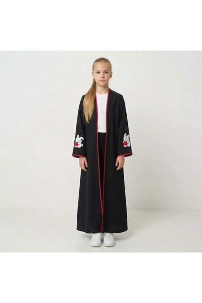 HAWRAA ABAYA عباية بناتية لف بحواف حمراء مع تطريز كارتوني ارنب الكرز