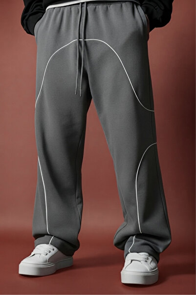 SERABLANKA Men's 3 Thread Oversize Ribbed Wide Leg Sweatpants