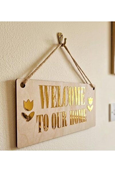 Generic Laser-Engraved Wooden Welcome Sign – Gold Accent Hanging Door Plaque (10x20 cm) | Housewarming & Entryway Decoration