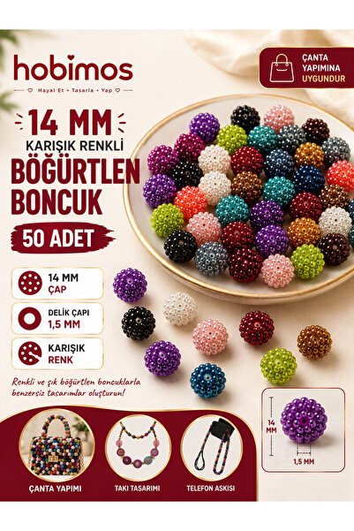 Hobimos 50 Adet 14 mm Karışık Renkli Böğürtlen Boncuk - Delikli Çanta Yapım B...