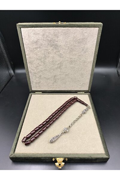 Onurlu Tesbihane Osmanlı Sıkma Kehribar Tesbih (Koyu Vişne, 9x7 mm)