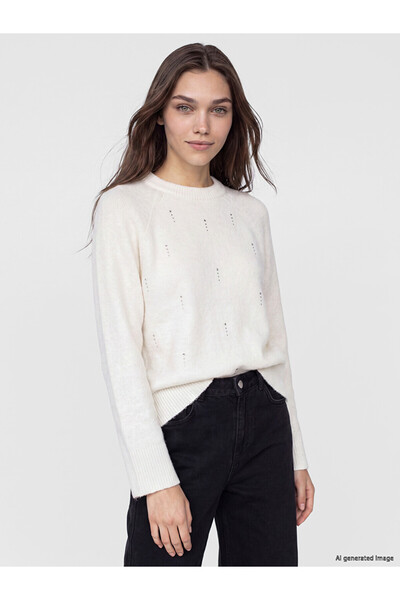 LC Waikiki Lcw Modest Ecru Crew Neck Rhinestone Women's Knitwear Sweater