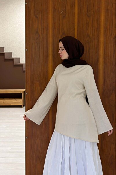 Faya Boutique Cream Kalina Asymmetrical Cut Linen Blouse