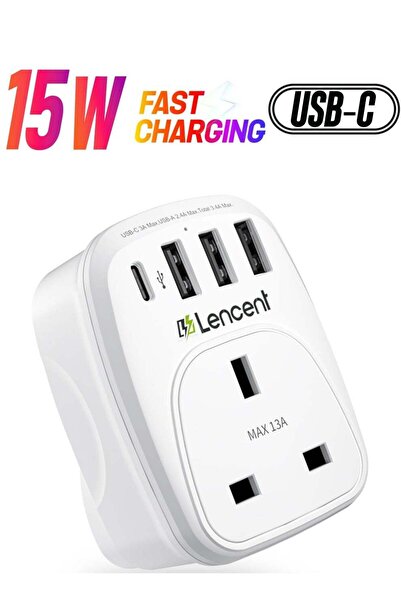 LENCENT USB Plug Charger UK with 1 Type C and 3 USB Ports, 1 Way Socket Exten...