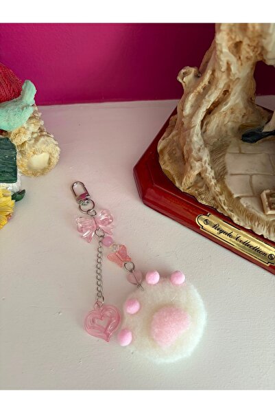 Beyaz Pembe Kedi Patisi Çanta Charm