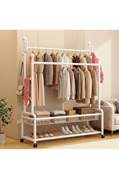 Generic Double white clothes rack with wheels and storage shelves
