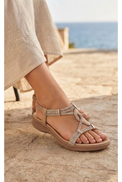 Guja 26Y240 Women's Beige Color Stone Orthopedic Comfortable Sole Walking Design Model Flexible Sports Daily Summer Sandals Shoes