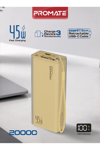 Promate 20000mAh Power Bank with 45W USB-C PD Fast Charging, Retractable USB-...