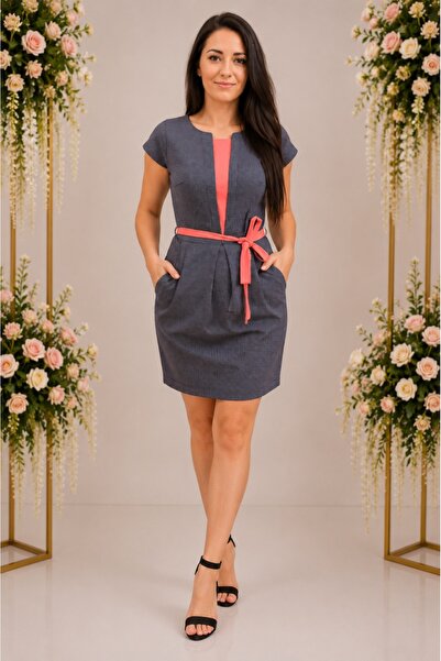 OEM Rochie rafinata de vara, model de buline albe pe fond bleumarin