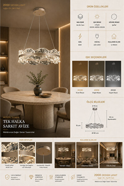 Genel Markalar 60 cm Tek Halka LED Sarkıt Avize | 60W | 3 Renk Aydınlatma
