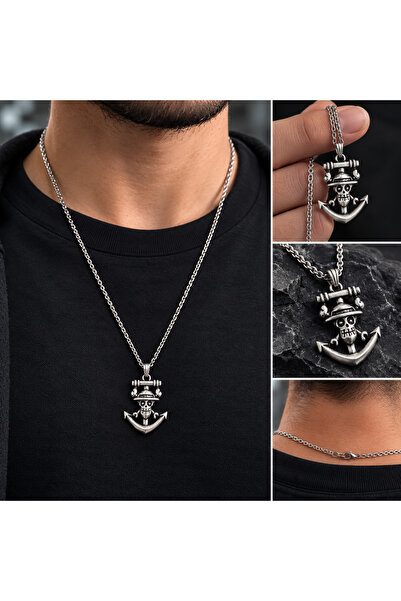 TROYAZEND Kuru Kafa - One Piece Luffy Şapkalı Çapa Figürlü Unisex Çelik Zinci...