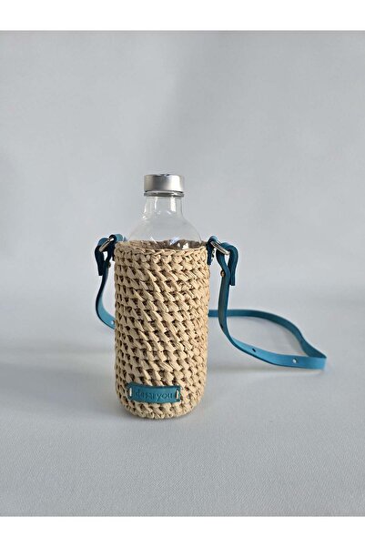 Desaryou Knitted Bottle Bag-Natural Raffia, Turquoise Strap